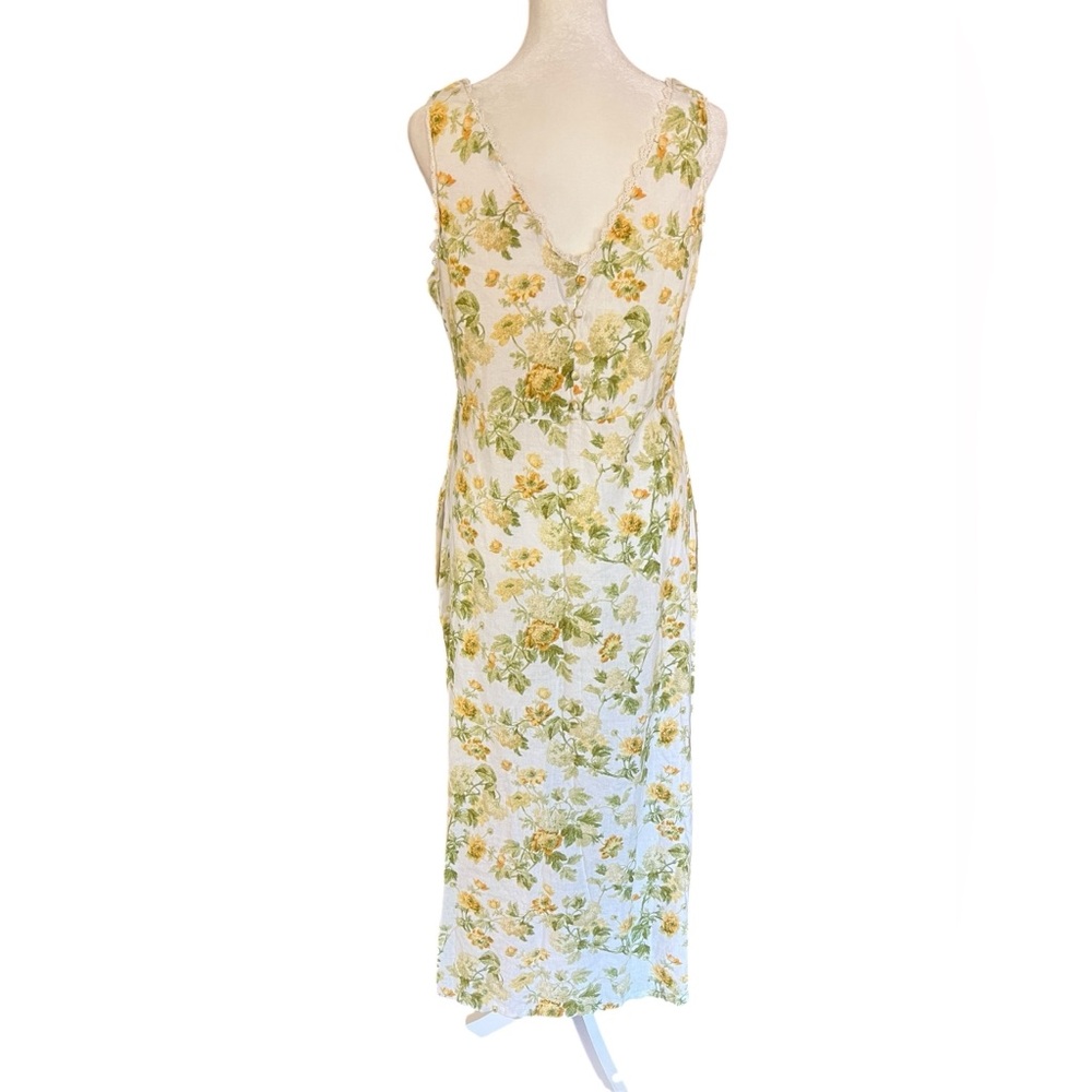 VTG LAURA ASHLEY Linen Floral Yellow Roses Midi Dress Cottage Garden Lace Trim 6 - Picture 3 of 16